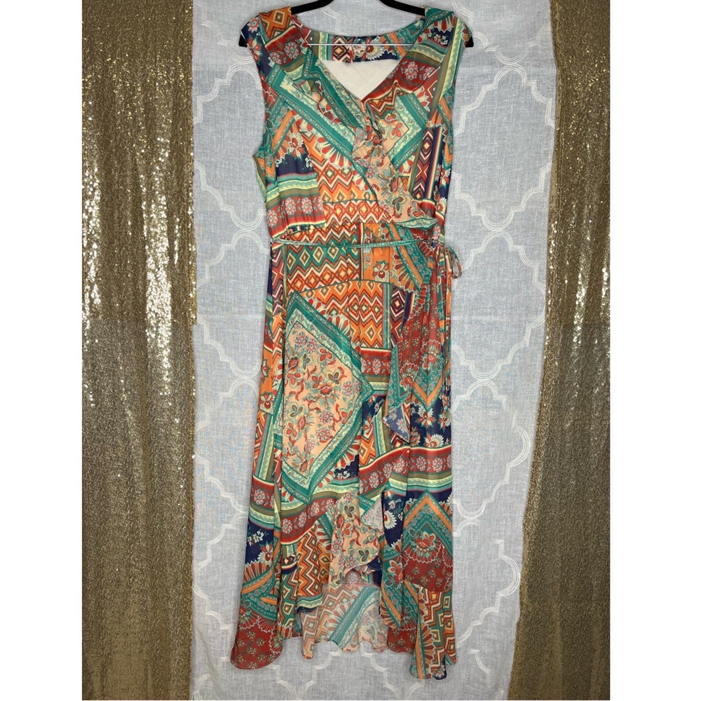 Reba High Low Floral Geometric Patchwork Dress Size M Tiered Flare MockWrap